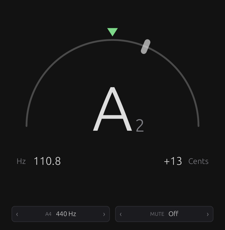 The Tuner reading A2 at 110.8 hertz, 13 cents sharp.