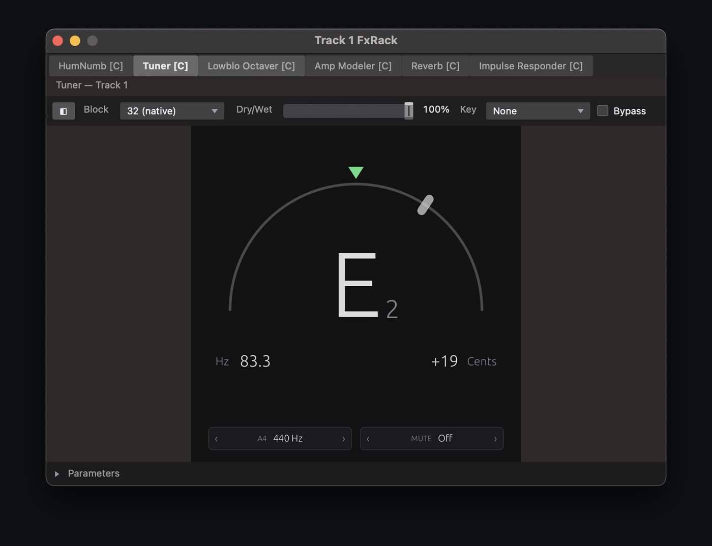 Tuner editor: a needle arc over a large E2 with hertz and cents readouts.